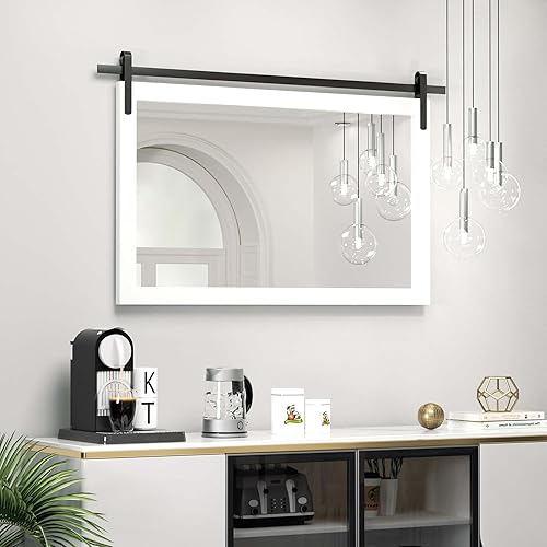 Miniatura 2 de PAIHOME Espejo de baño blanco grande, espejo cuadrado rústico horizontal para pared, espejos de tocador con marco de madera, decoración estilo