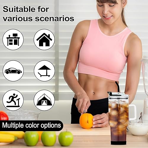 Miniatura 4 de Vaso de vidrio con tapa y popotes, taza de vidrio de gran capacidad de 40 onzas con asa, vasos para beber con posavasos de silicona, taza de agua de