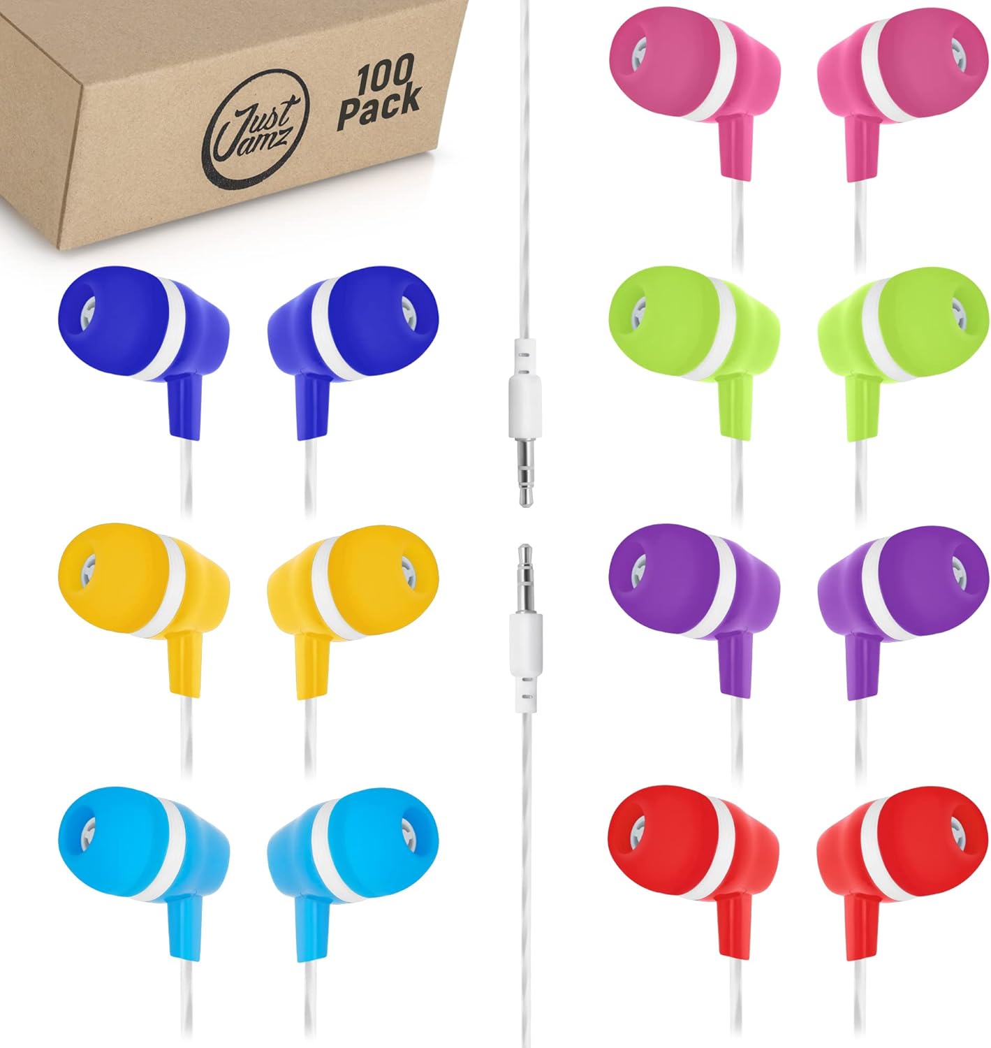 JustJamz Bulk Earbuds Bubbles 100 Pack of Colorful inEar Earbuds Mixed