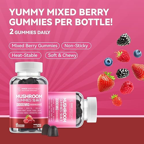 Miniatura 3 de Gomitas de hongos para adultos 12 en 1 Complejo de hongos de 3000 mg con melena de león, Reishi, Cordyceps Gomitas de enfoque para el cerebro, la