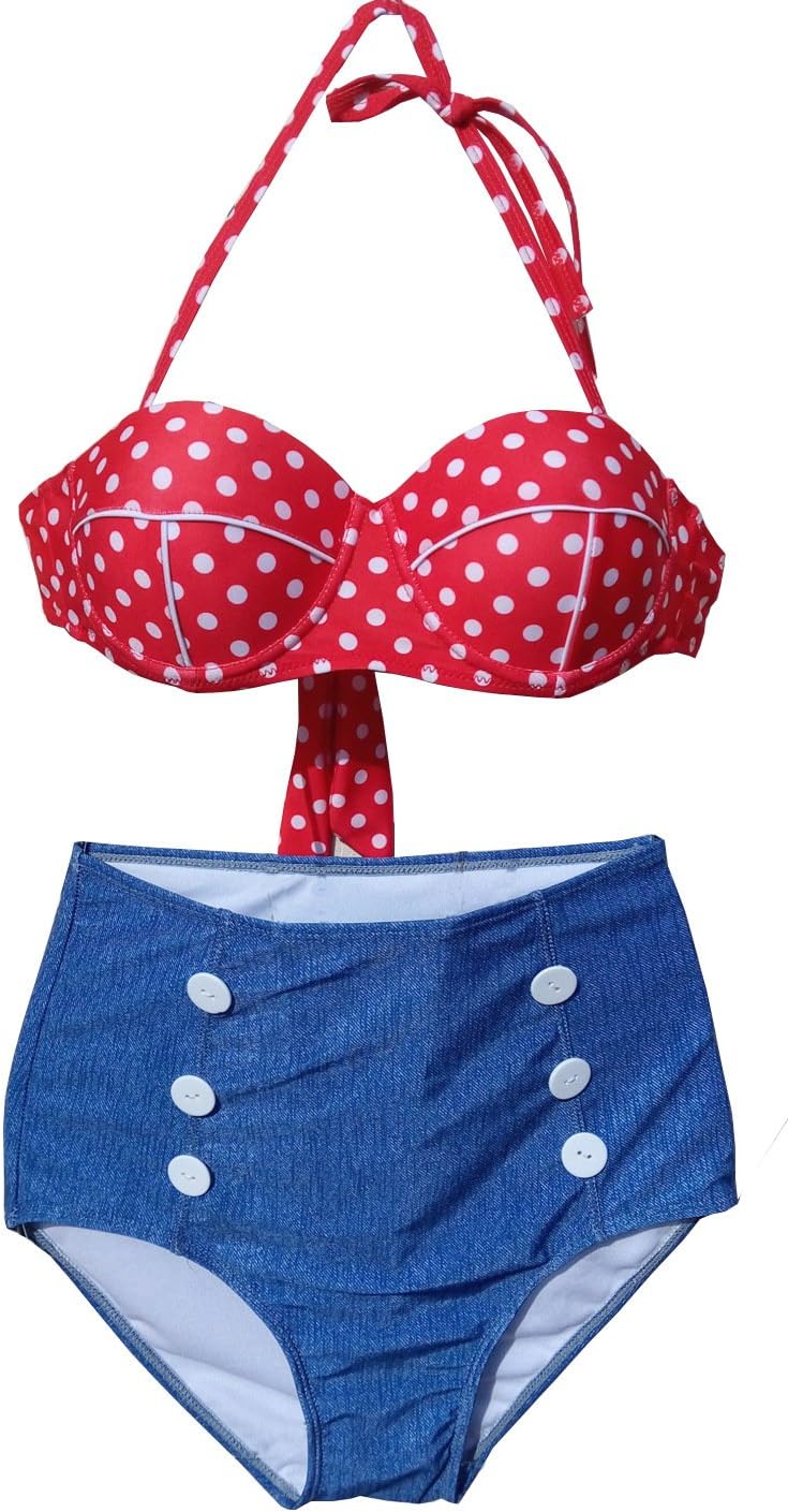 Selene Allure Women's High Waist Push up Bikini Red Polka Swimsuits Bathing Suit (L, Blue)