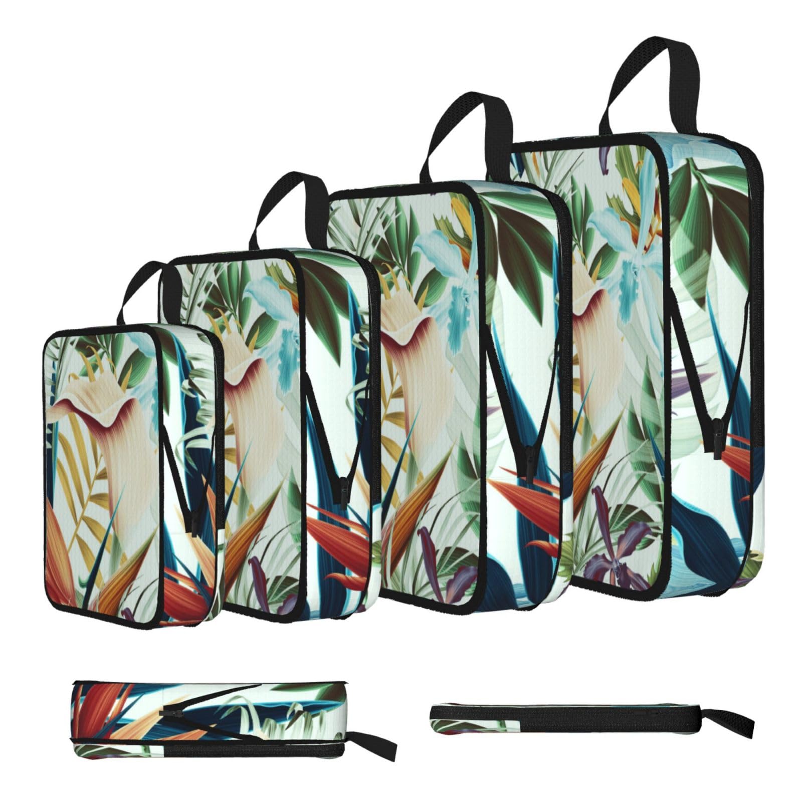 Esnaiuvcd Black Summer Tropical Leaves Print 4 Set Compression Packing Cubes For Suitcases,Expandable Storage Bags Organizers