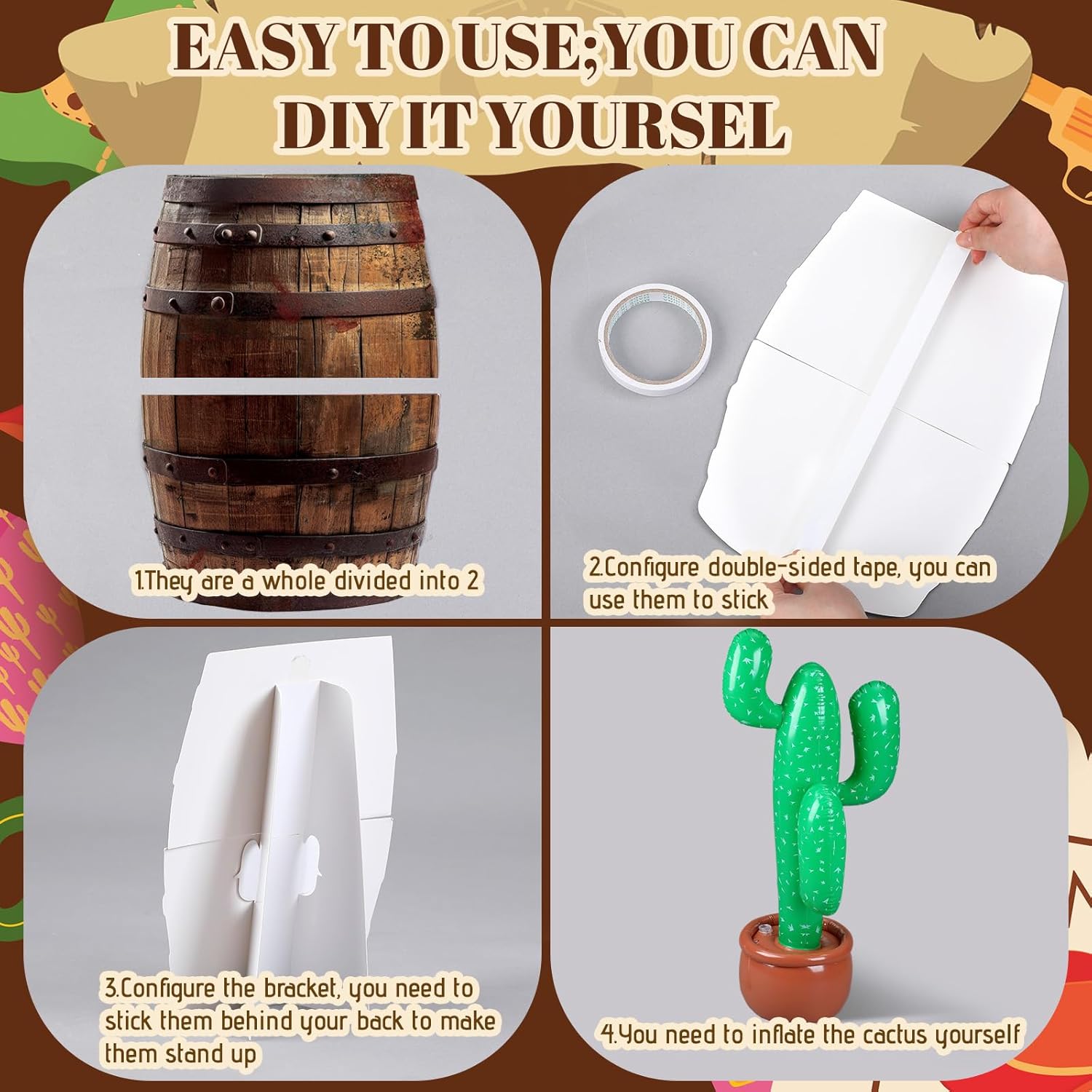 23 Pcs Western Cowboy Party Decorations Including 2 Hay Bale Boxes 2 Wood Print Boxes 2 Wood Grain Barrel 1 Inflatable Cactus 16 Western Centerpieces Decor for Birthday Wedding Party
