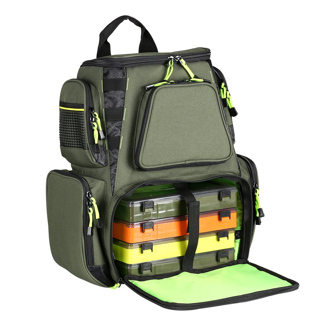 Seaknight Fishing Tackle Backpack with 4 Tackle Boxes, Water-Resistant Large Storage Outdoor Multifunctional Box Tackle Bag for Fishing Camping Hiking Cycling, Green-25L with Four Trays