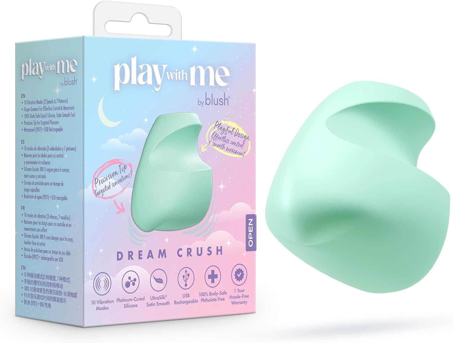 Blush Novelties Play With Me 2.25 Inch Mini Vibrator ~ Dream Crush ~ 10 Powerful Vibrations ~ Nipple Clitoral Stimulator, USB Charge, IPX7 ~ Finger Luxury Play Adult Sex Toys for Women Couples ~ Green