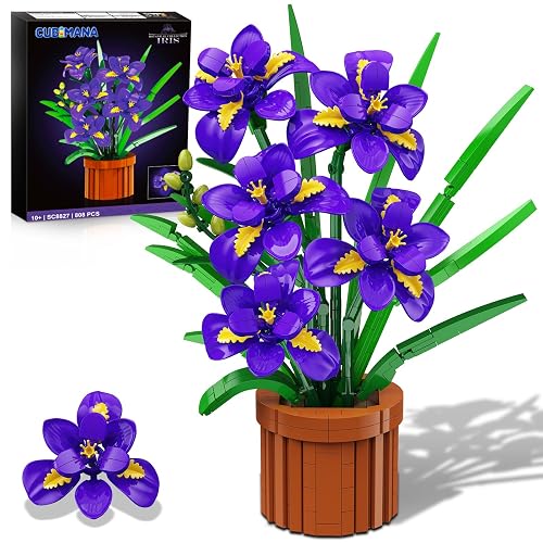 CUBIMANA Flowers Botanicals Iris Building Set - Artificial Purple Bonsai Plant for Home Office Décor, 808PCS Fake Flowers Building Block Indoor Decoration, Floar Birthday for Adults