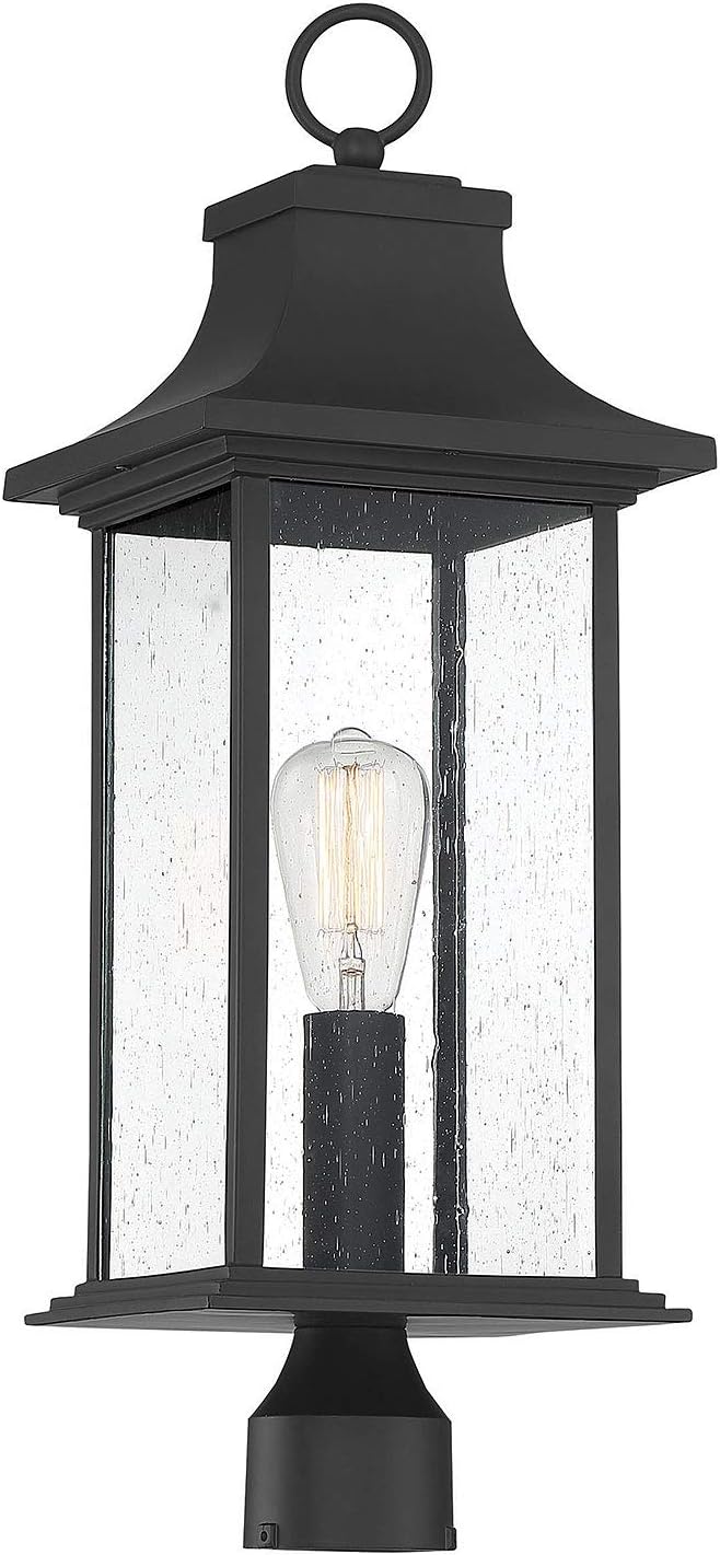 Savoy House 5-454-BK Hancock Traditional Rustic Farmhouse Clear Seeded Glass Outdoor Post Lantern, 1-Light 60 Watt, 24" H x 9" W, Matte Black