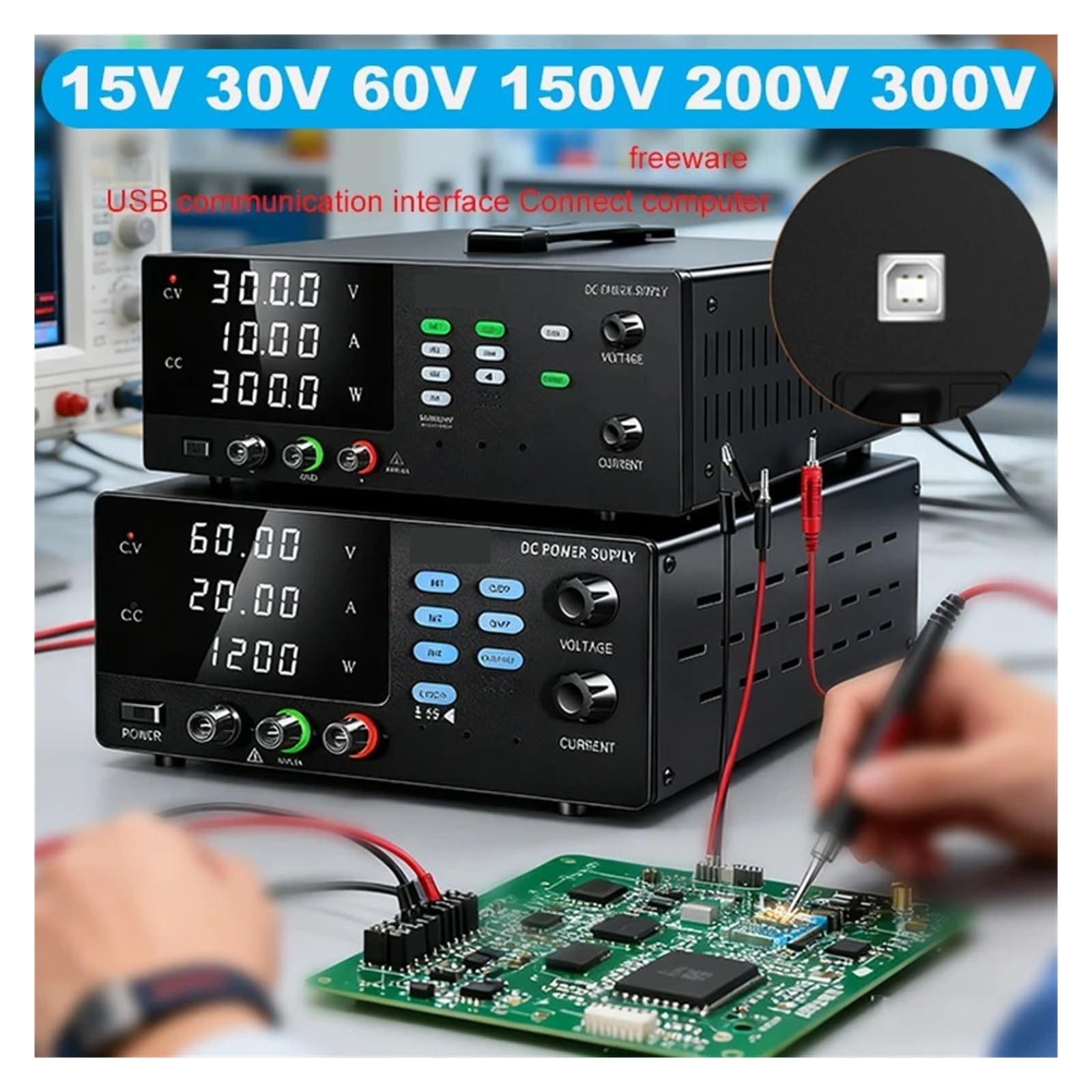 Alimentation de laboratoire haute puissance 3000 W, 300 V 10 A, 200 V, 30 V 60 A, 60 V 10 A, port USB for connexion PC Avec fonction mémoire(R-SPS3060S-232)