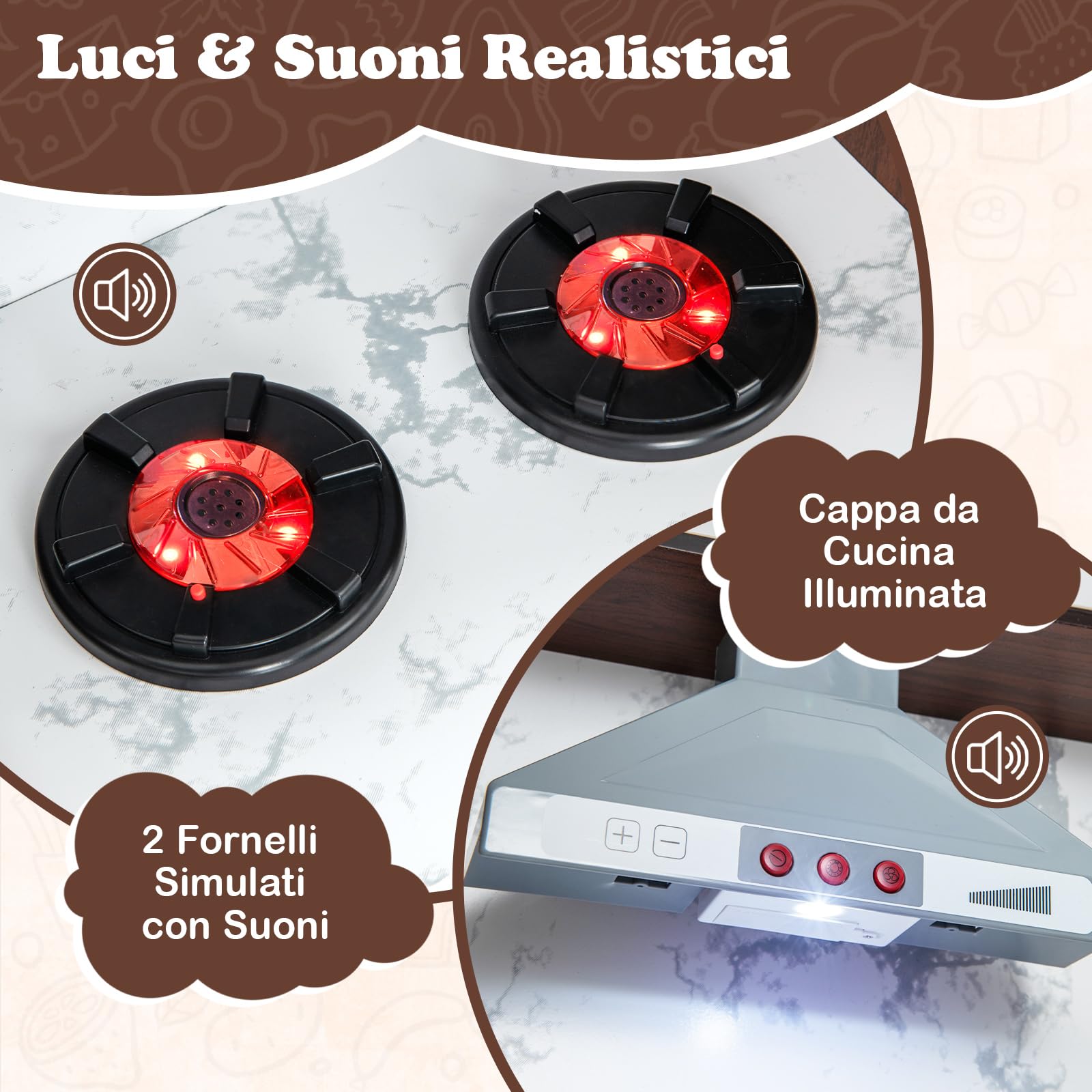 GYMAX Cucina Giocattolo ad Angolo per Bambini, Set da Cucina in Legno con Cappa Illuminata e Fornelli con Suoni, Realistico Fabbricatore di Ghiaccio, Regalo per Bambini 3 + Anni (Stile 1)