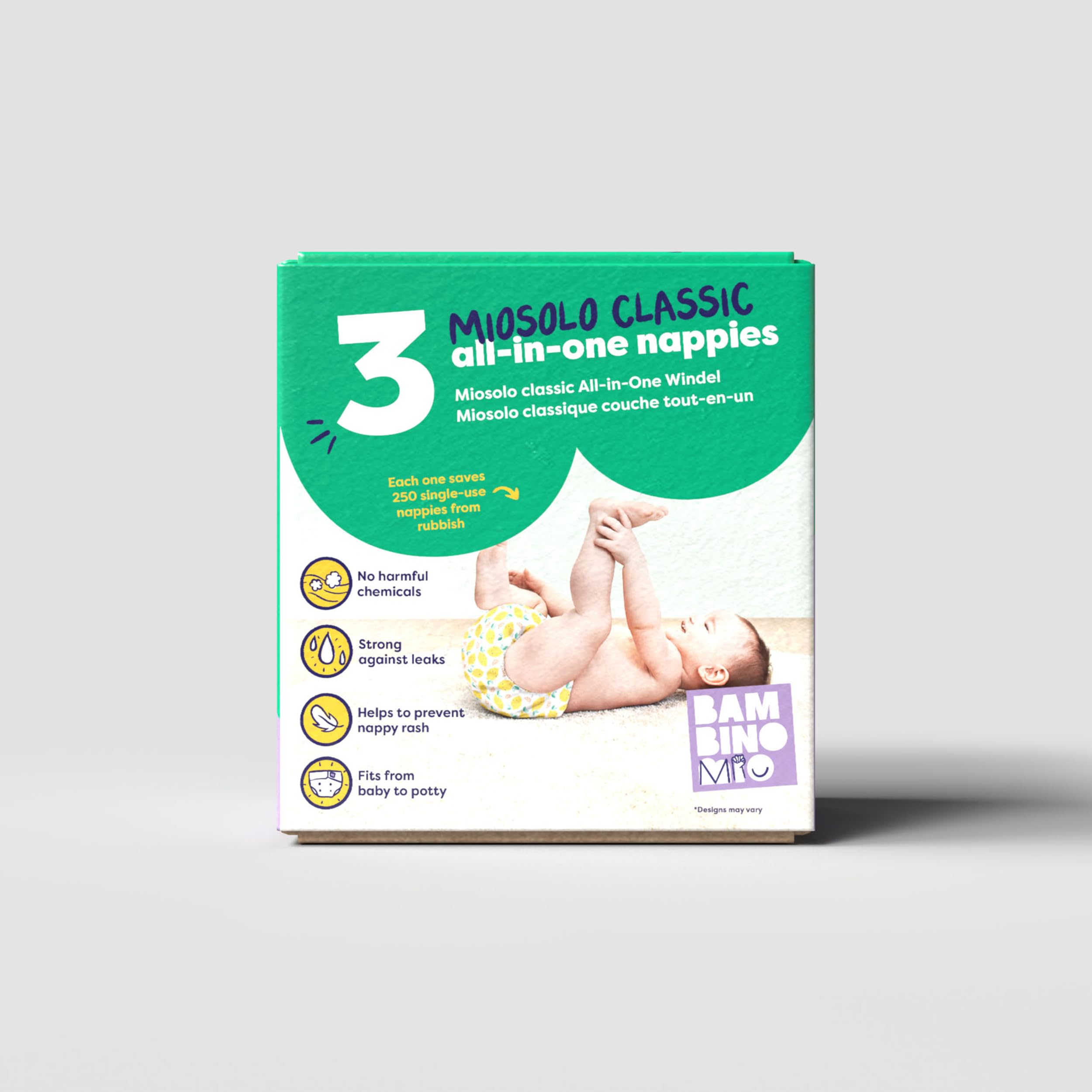 Bambino Mio Paquetes de 3 pañales reutilizables Miosolo Classic (ANIMALES) - pañales de tela «todo en uno», pañales lavables de talla única, resistentes a las fugas y absorbentes