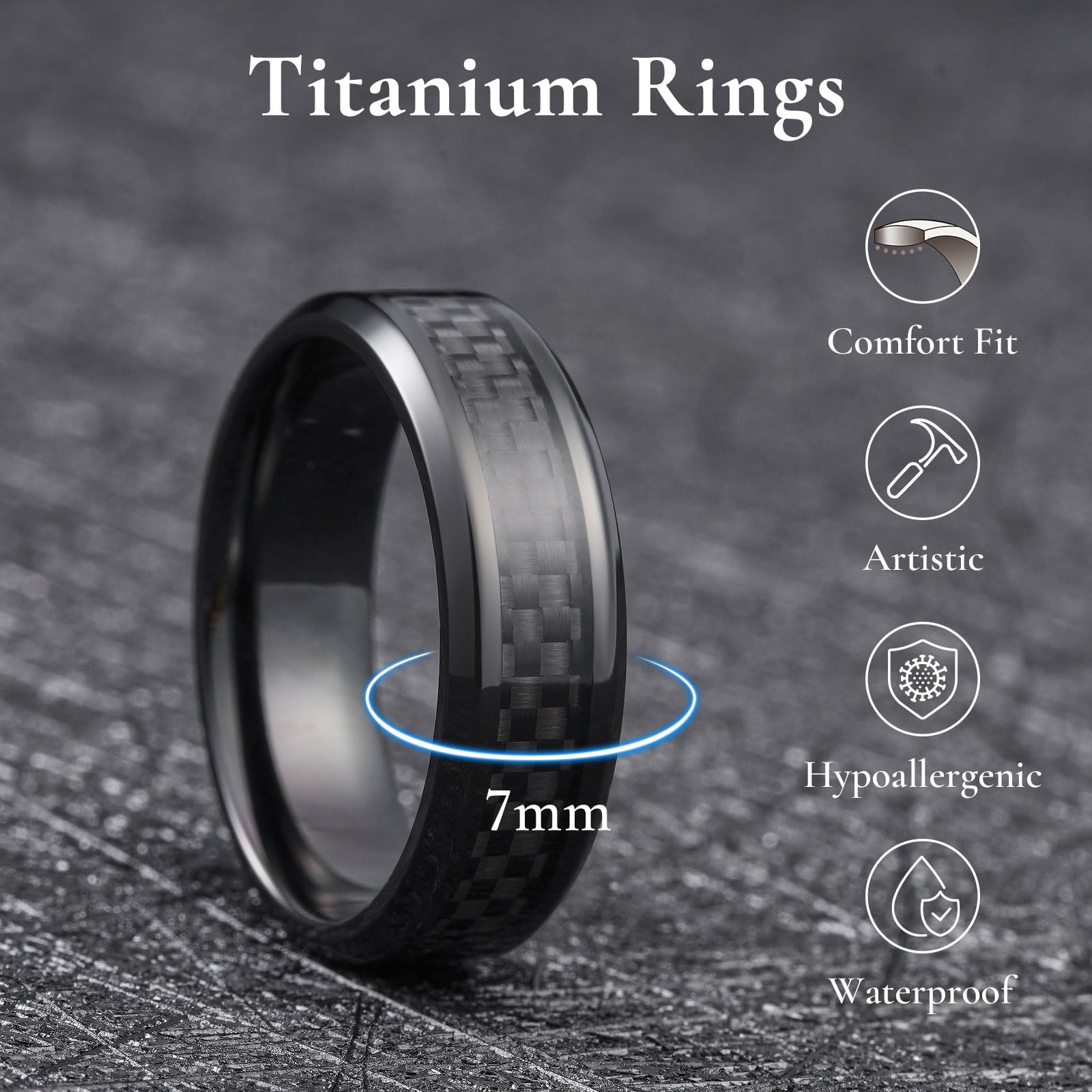 King Will Anillo de boda de titanio para hombre, 7 mm, color negro, con incrustaciones de fibra de carbono, anillo de compromiso o alianza, ajuste cómodo, elegante para uso diario y ocasiones