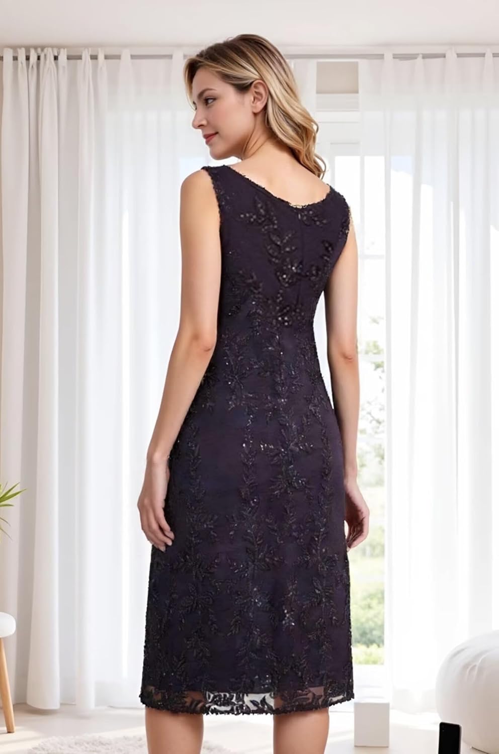 2 Piece Mother of The Bride Dresses with Jacket Tea Length Chiffon Sequin Lace Formal Dress for Wedding Guest HX045