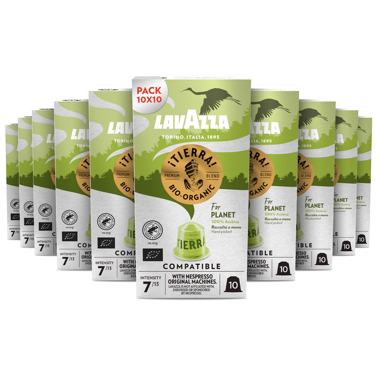 Lavazza, ¡Tierra! For Planet, 100 Capsule di Caffè in Alluminio Compatibili con Macchine Nespresso Original, con Note Fruttate, 100% Arabica, Intensità 7/​13, Tostatura Media, 10 Pack da 10 Capsule