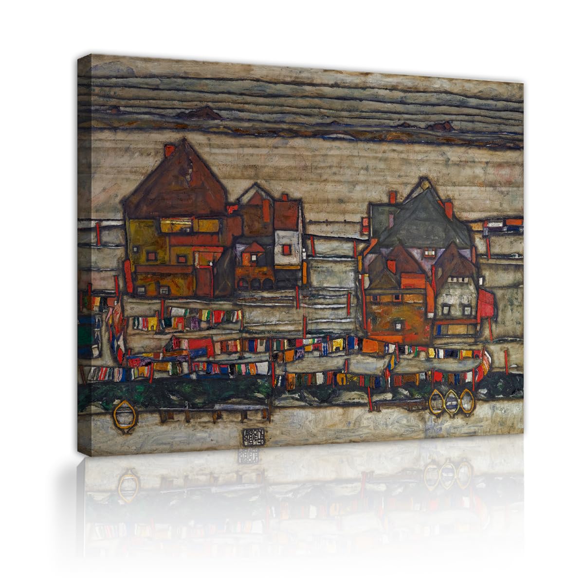 TOANGWALL Egon Schiele Houses with Laundry Canvas Wall Art Restroom Unique Town Architecture Framed Poster Wall Pictures for Attic Club Decor 85x100cm
