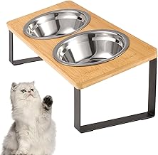 Elevated Cat Food Bowls, 15° Tilted Raised Stainless Steel Cat Feeding Dishes with Wooden Stand Anti Vomiting for Indoor Cats Whisker Fatigue, Protect Pet's Spine, Non-Slip