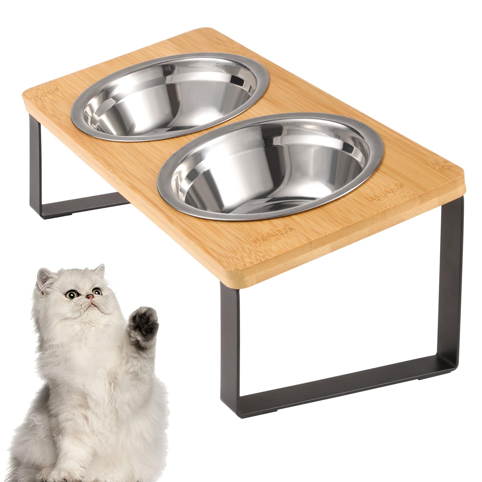 Radsocken Elevated Cat Food Bowls, 15° Tilted Raised Stainless Steel Cat Feeding Dishes with Wooden Stand Anti Vomiting for Indoor Cats Whisker Fatigue, Protect Pet's Spine, Non-Slip