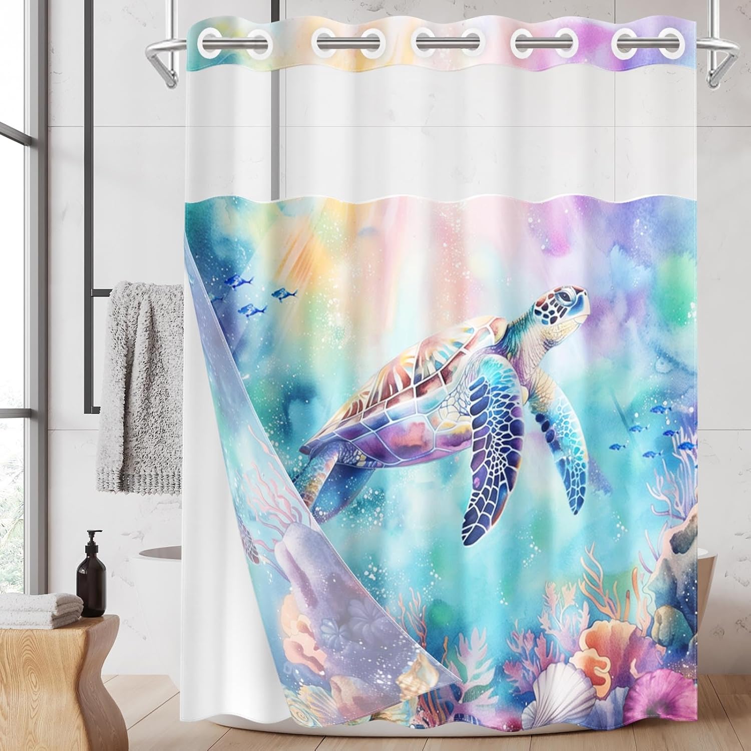 No Hook Sea Turtle Colorful Shower Curtain with Snap in Fabric Liner Set, Blue Cute Ocean Double Layers Waterproof Fabric with See Through Top Window Open Grommet Bath Curtain 71x74 Inch