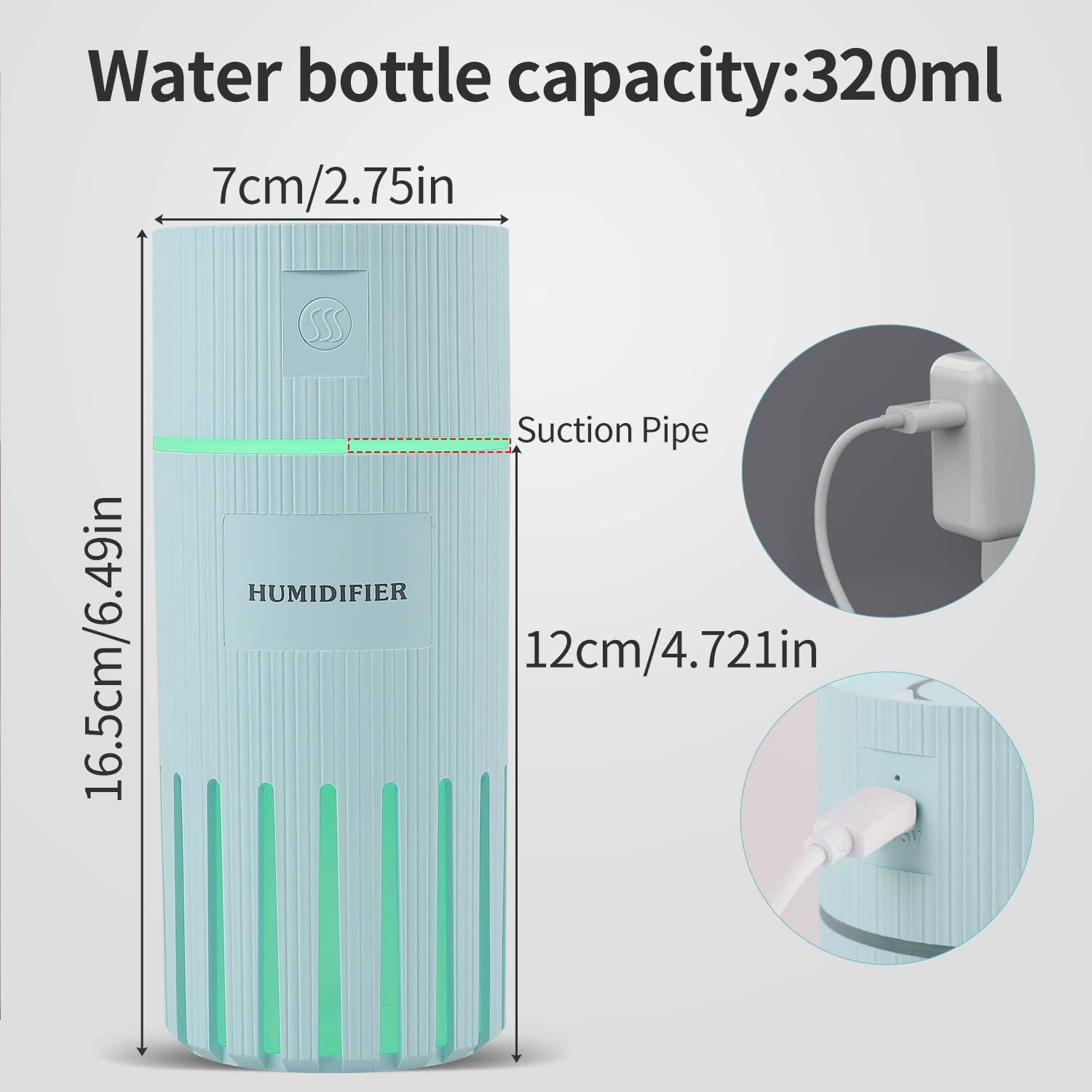 Portable Mini Humidifier with Multiple Gradient Colors Night Light,320mL Small Cool Mist Humidifier,Desktop for Baby Bedroom Travel Office Home,Auto Shut-Off,2 Mist Modes,Super Quiet (Blue)