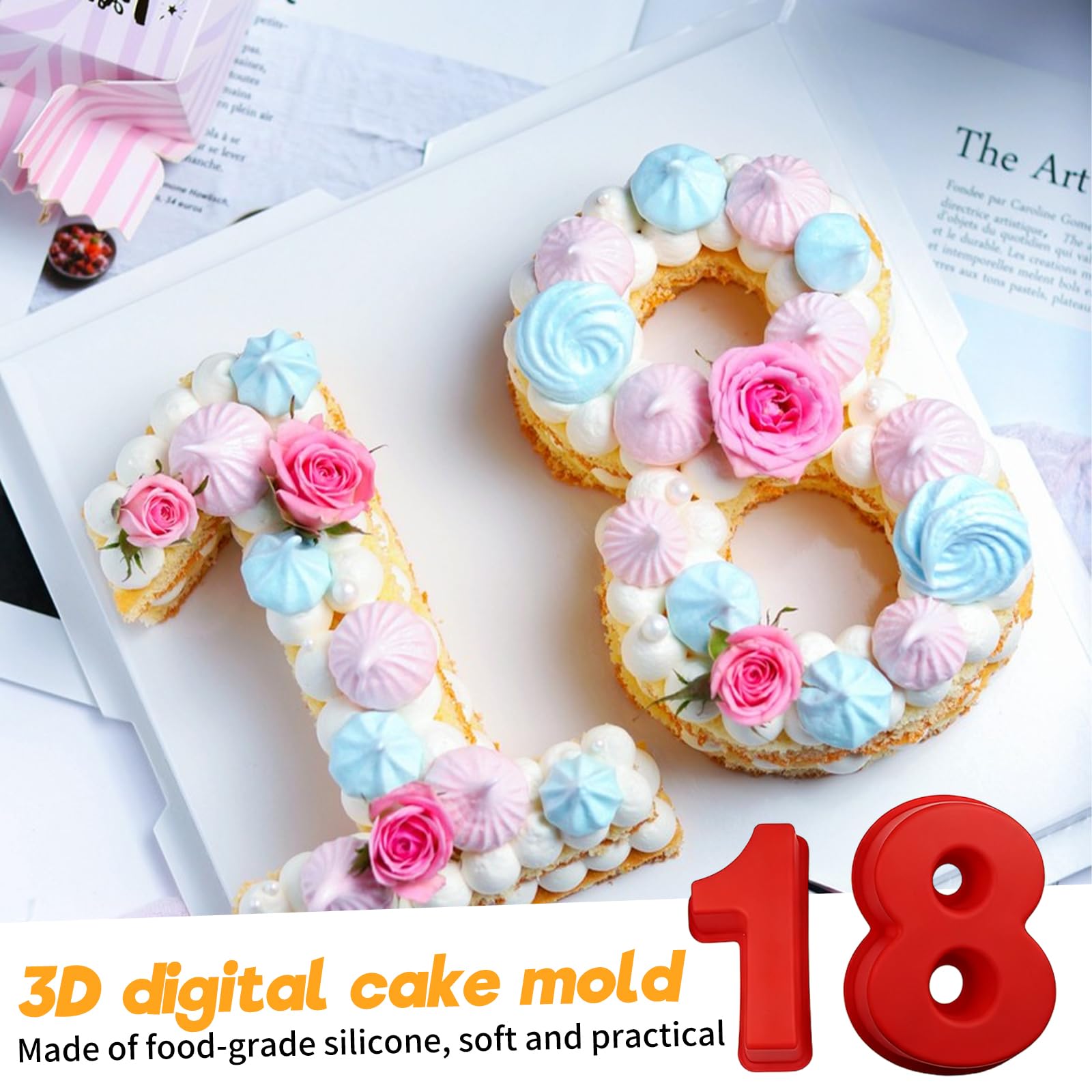Moule à gâteau en forme de chiffre de 0 à 8 - Grande taille - 25,4 cm - Avec 6 douilles en silicone - Antiadhésif - Rouge