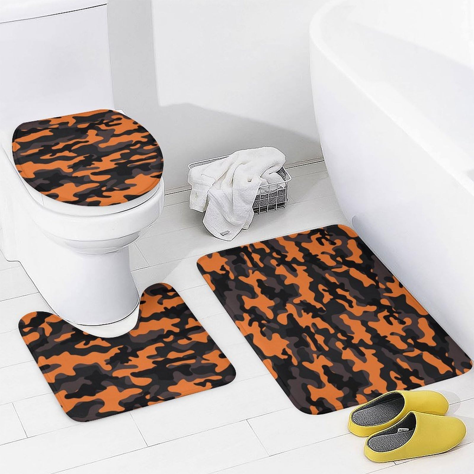 Ensemble de 4 pièces de salle de bain avec rideau de douche et tapis – Tapis de salle de bain tendance et moderne à imprimé camouflage orange noir – Accessoires de décoration pour forme de U et tapis