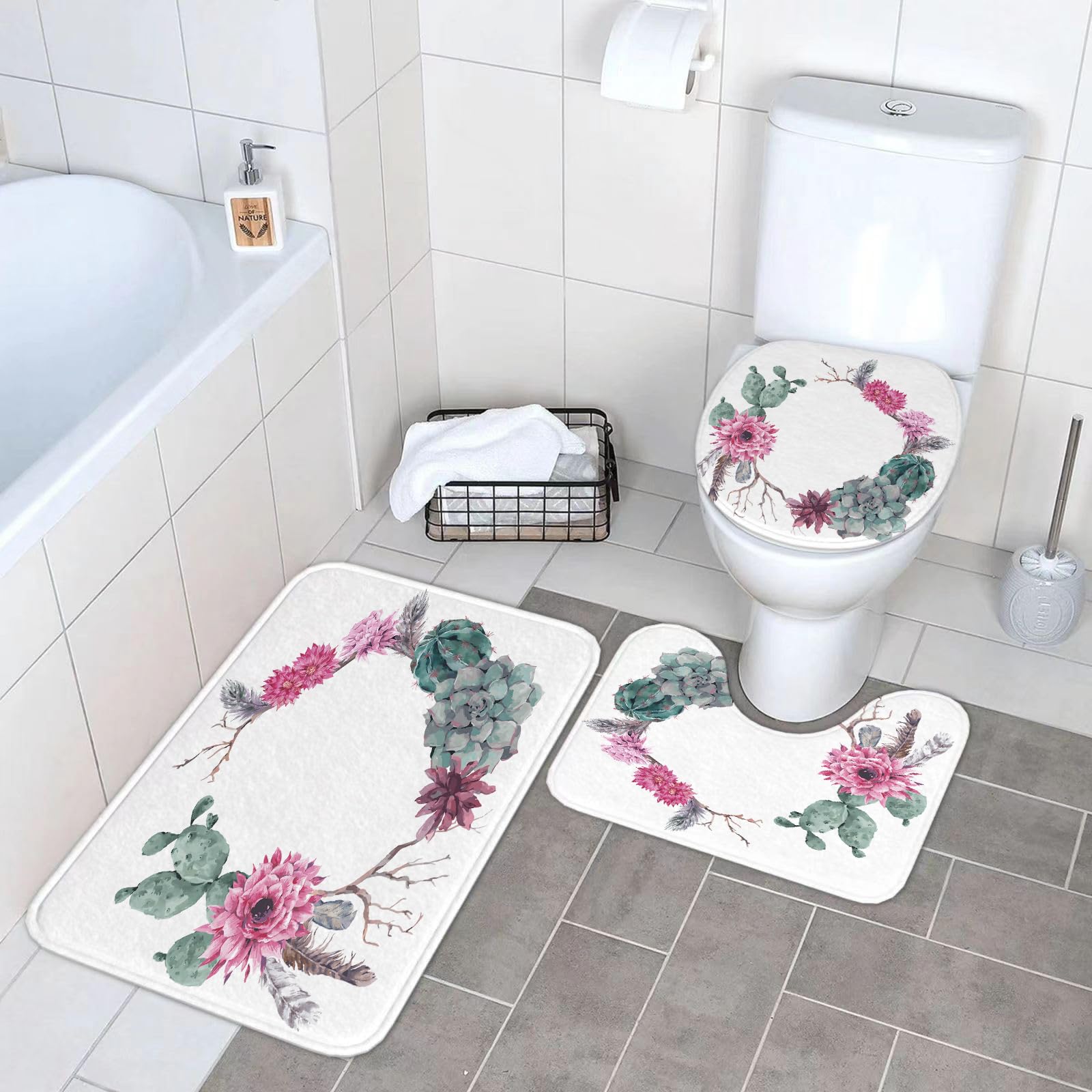 Set di 3 tappetini da Bagno, Lavabili in Lavatrice e Antiscivolo, in Morbida Fibra Superfine, con Motivo Floreale Vintage Estivo in Stile Boho Chic.