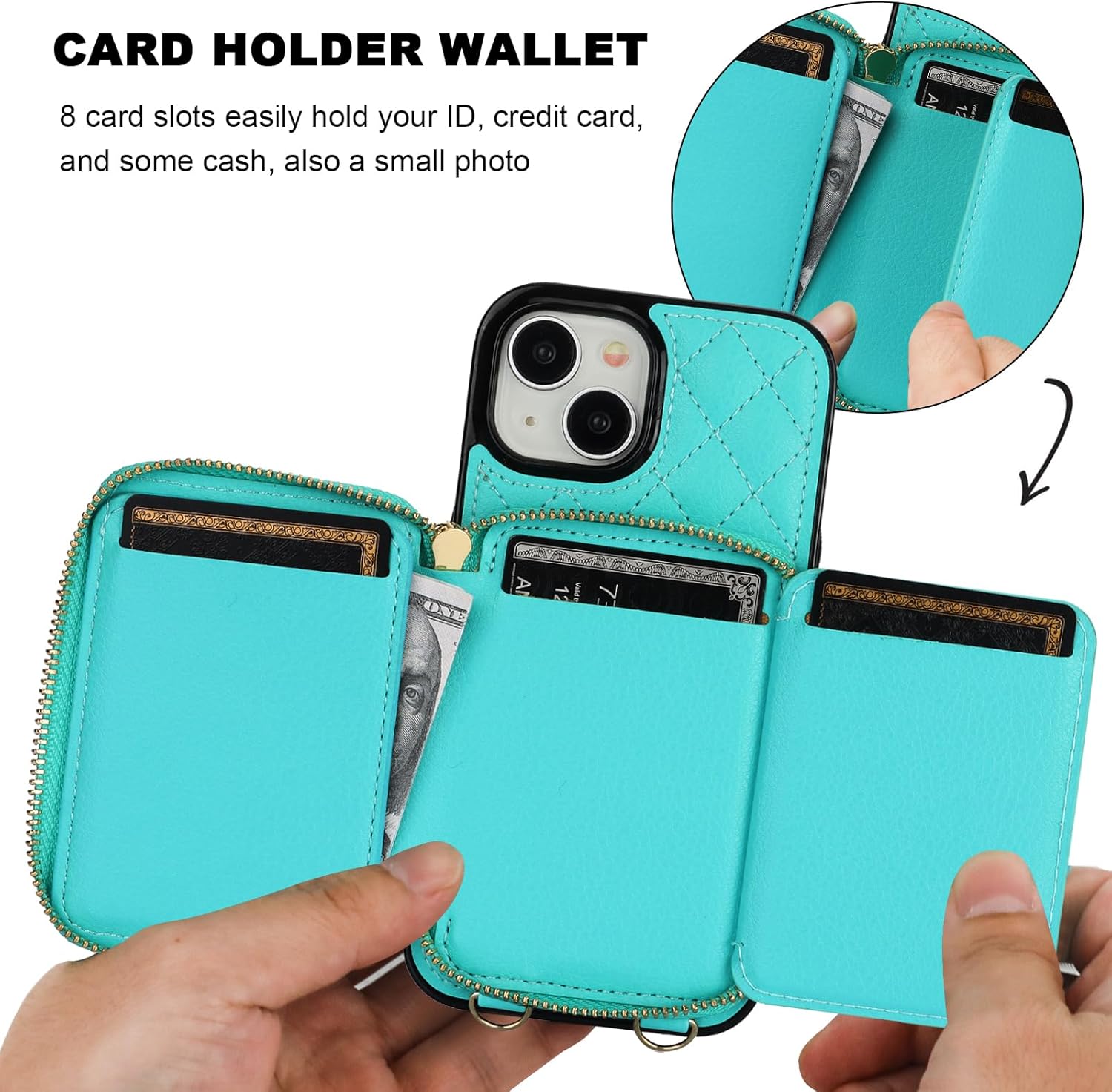 Bocasal Crossbody Wallet Case for iPhone 15, RFID Blocking PU Leather Zipper Handbag Purse Flip Cover, Kickstand Folio Case with Card Slots Holder Wrist Strap Lanyard 5G 6.1 Inch (Mint Green)
