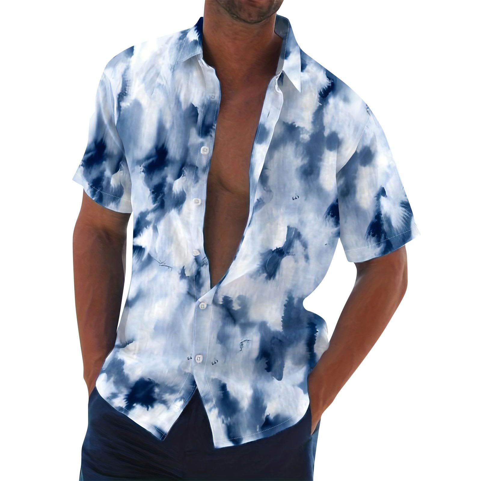 Hawaiian Shirt for Men Watercolor Print Camp Collar Shirts Button Down Short Sleeve Tops Beach Casual Summer Blouse