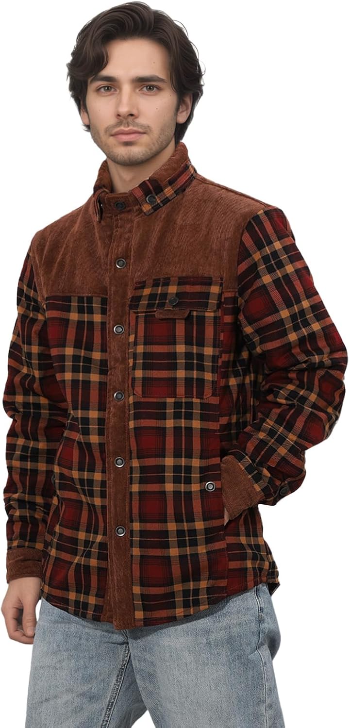 KUANG! Men's Outdoor Casual Vintage Long Sleeve Lapel Collar Vintage Plaid Flannel Button Down Shirt Jacket - Image 2