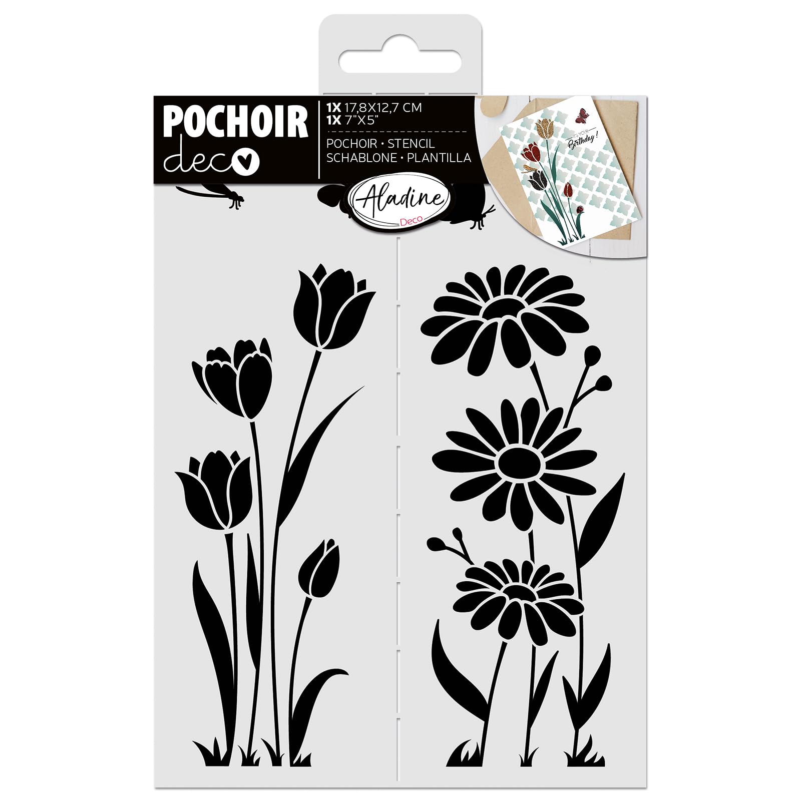 Aladine - Tulip & Daisy Flower Stencil 13 x 18 cm - Stencil for Decorating All Surfaces - Stencil Felt, Paint, Airbrush - Drawing - 81260