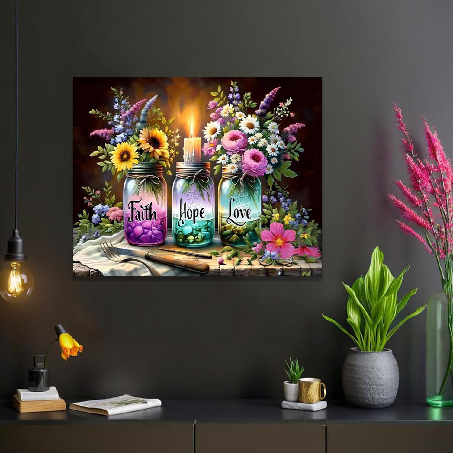 Pxzcrypha Faith Hope Love Paint by Number Kits for Adult Beginner,Wishing Bottle Adults Paint by Numbers Kit,Acrylic Paint by Number for Home Wall Decor 16X20inch