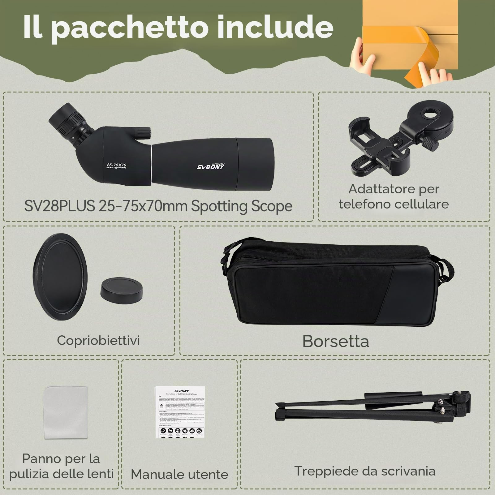 Svbony SV28PLUS Cannocchiale con Treppiedi Smartphone Adapter, 25-75x70mm con A5 Rosso Bordeaux FMC BAK4 IP65, Telescopi Spotting Scope per Adulti tiro a segno Tiro con l'arco Birdwatching