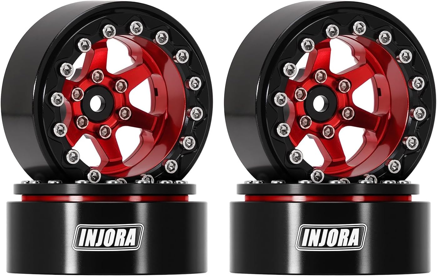 INJORA 1.3 Aluminium Beadlock Wheels -5.25mm Offset for SCX24 TRX4M 1/24 1/18 RC Crawler(Red)