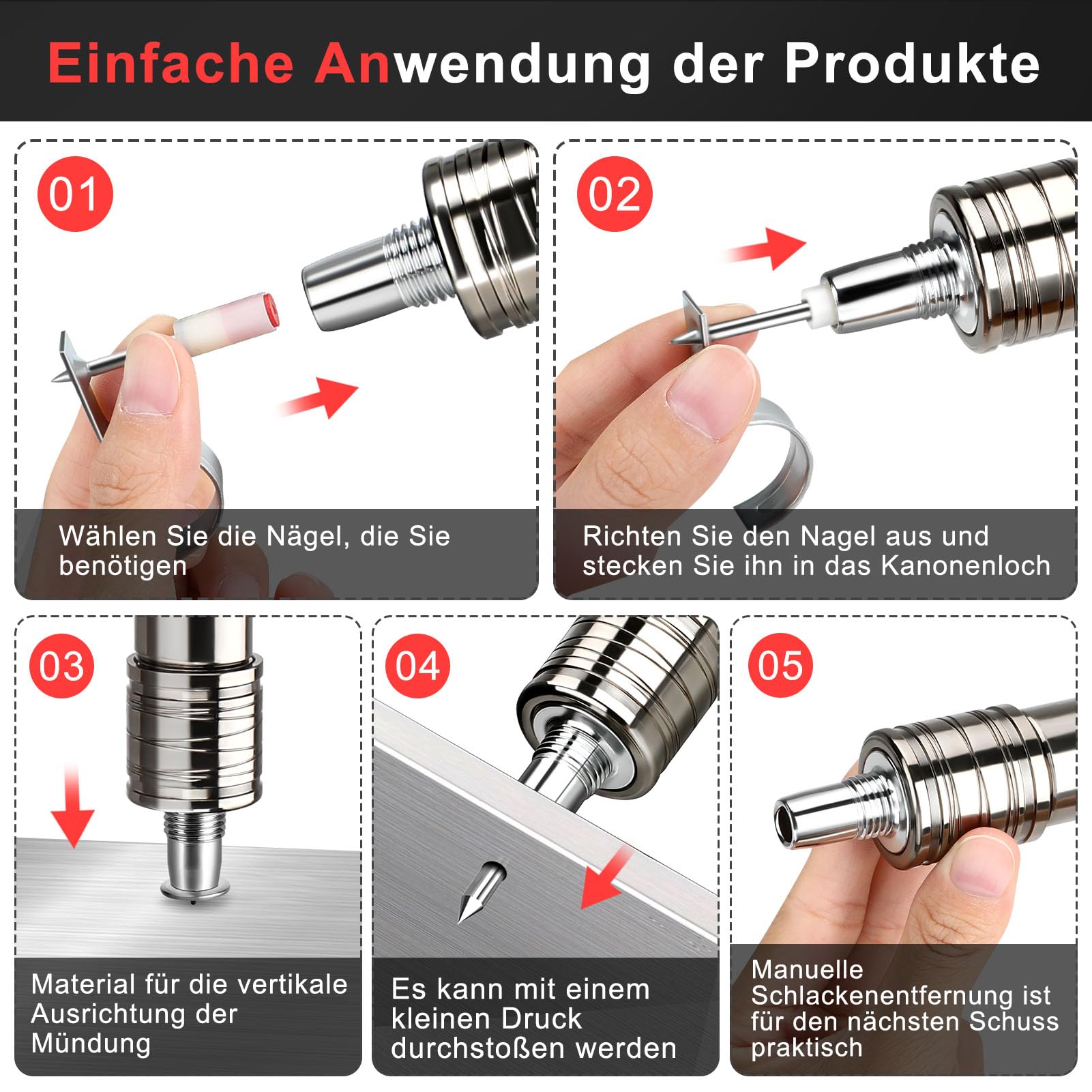 Manuelle Nagelpistole, 5 Gänge Nagelpistole Nail Gun mit 100 Runden Nägeln+100 Röhrenklammern, Beton-Nagelpistole für Stahl & Beton, Tragbare Nail Gun für Decken-/Draht-Hider mit Handschuhen