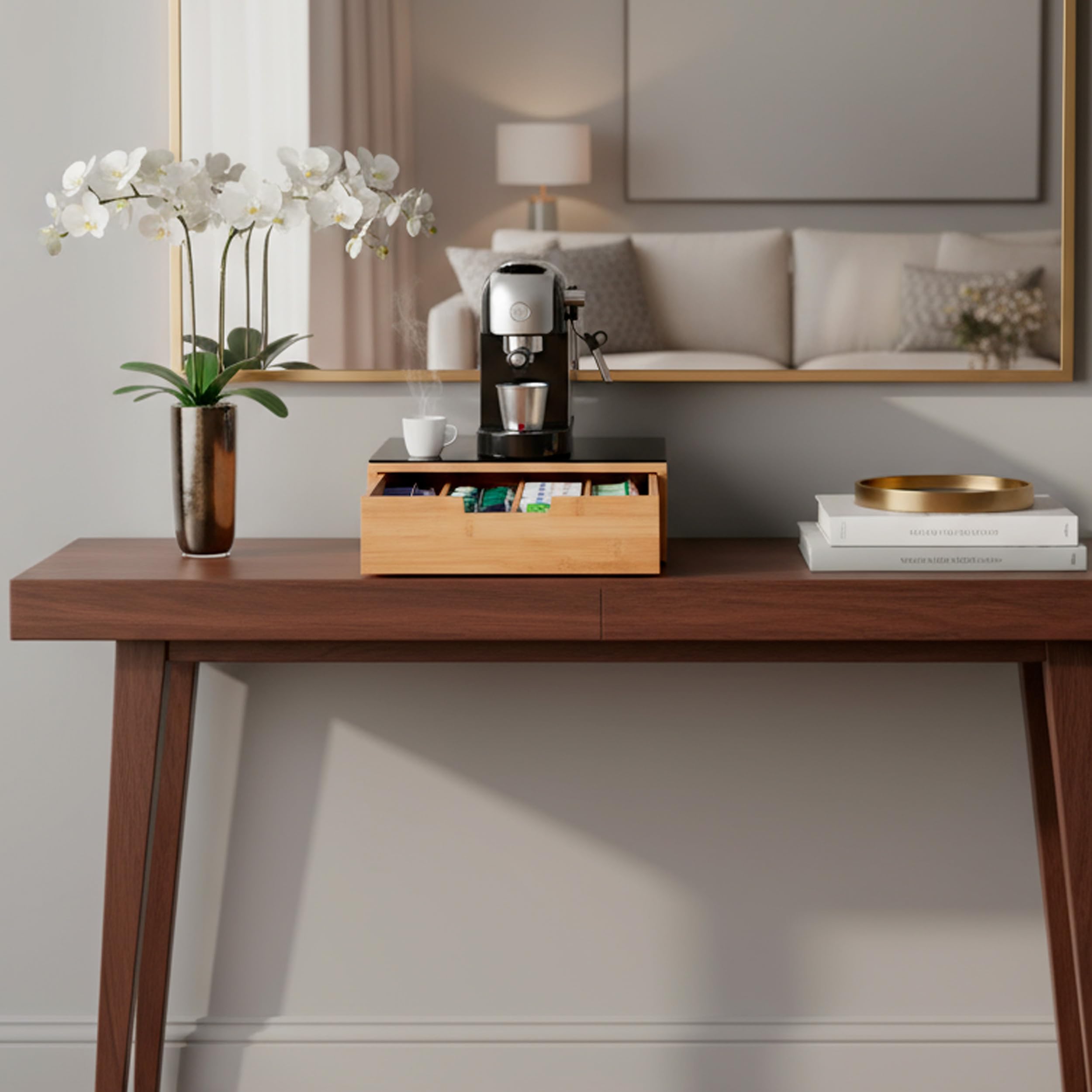 Porta Cialde In Bambù Con Cassetto 4 Scomparti Ripiano in Vetro Organizer Capsule Caffè Cialde Bustine Tè Tisane Zucchero Design Elegante per Cucina e Ufficio 30 x 30 x 10 Cm Marrone