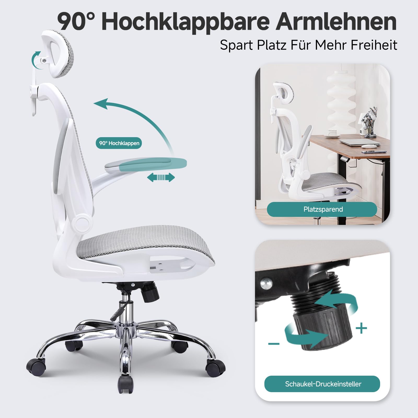 COMHOMA Bürostuhl, Schreibtischstuhl, ergonomischer Netzstuhl, mit doppellagigem Netzgewebe, atmungsaktiv, Adaptive Lendenstütze, verstellbare Kopfstütze, für Homeoffice, Drehstuhl 150 kg, Weiß