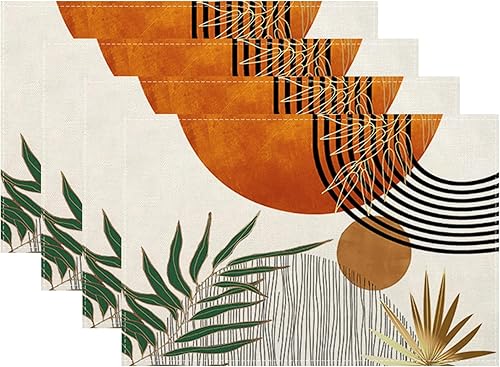 Juego de 4 manteles individuales de mediados de siglo de 12 x 18 pulgadas, modernos manteles individuales rectangulares decorativos de hojas