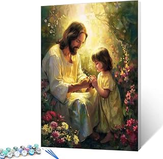 Smiling Jesus Christ Paint by Numbers Kit for Adults Beginners Student Boys and Girls,Sacred Heart Girl Retro Watercolor Oil Painting on Canvas with Brushes Acrylic Lovely Craft 16x20 Inch (Frameless)