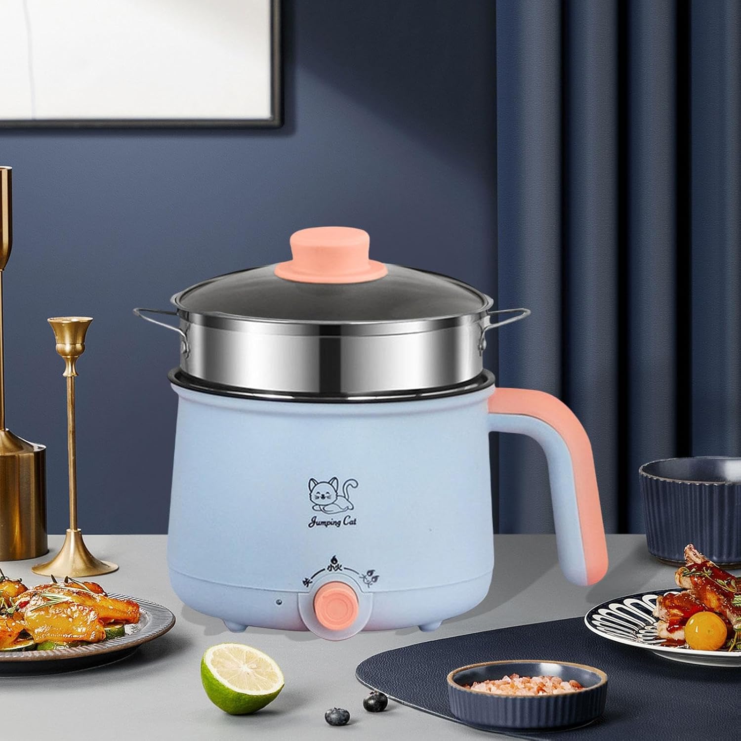Mini Hot Pot 1.8L Ramen Cooker Multipurpose Cookware Cooking Pot Non Stick Portable Electric Pot Noodles Pot for Noodles Eggs, Pot Steel Steamer