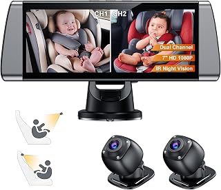 Baby Car Camera for 2 Kids - 7" Split Screen with Dual Carseat Camera - USB Plug and Play Easy Install - Safety Rear Facing Infant Back Seat Monitor with HD 1080P, Night Vision - Grey