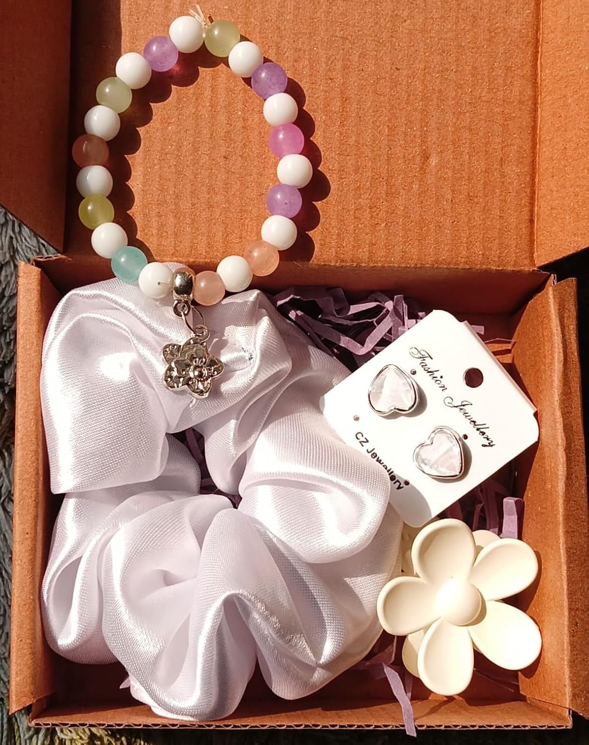 Generic Birthday Gift Combo for Women and Girls: 1 Handmade Satin Scrunchies, Beads Bracelet, Heart Earring, Happy Birthday combo(4 Piece Set, white, 1 Count)