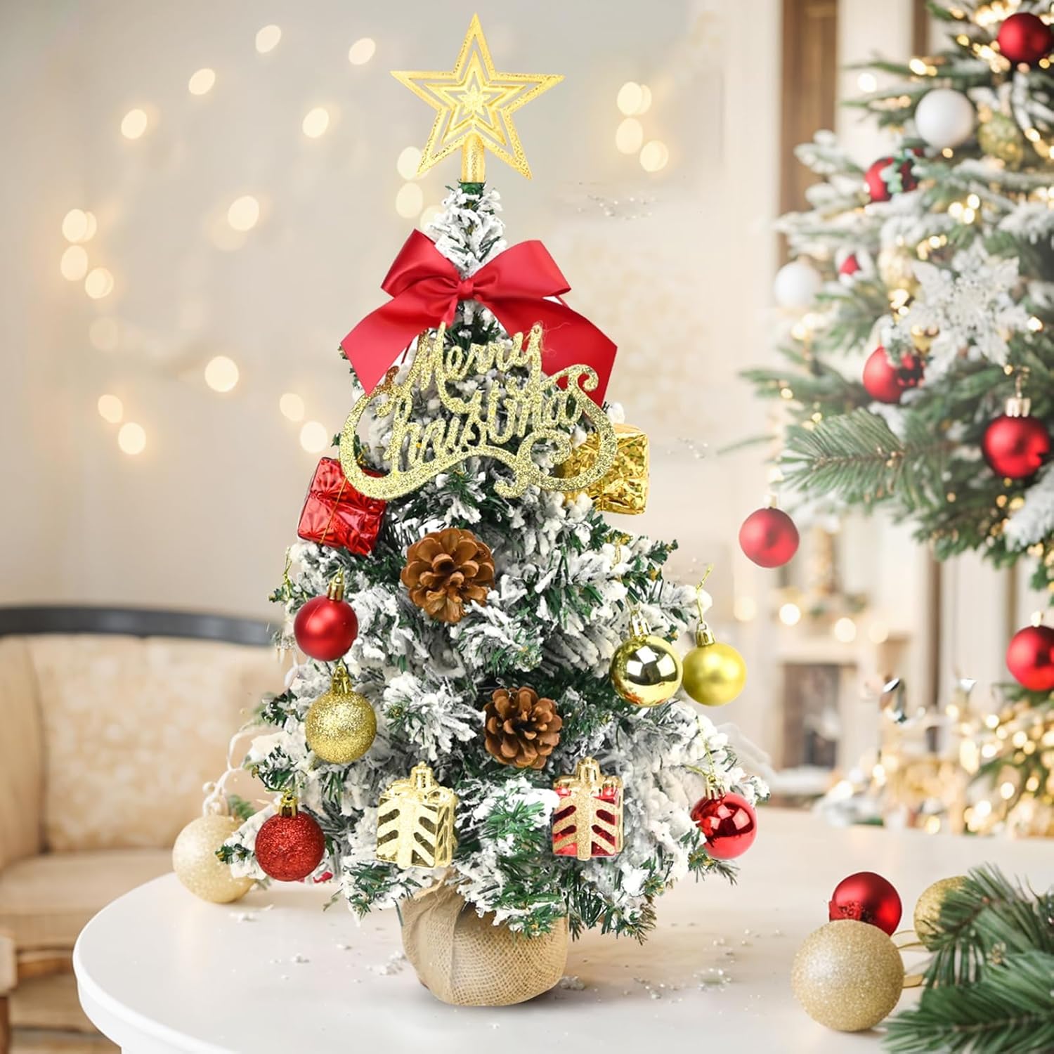 24 Inch Tabletop Snowy Mini Christmas Tree with LED Lights, Small Xmas Tabletop Tree with Christmas Ornaments, Artificial Desktop Xmas Tree with Cloth Bag Base, Best DIY Holiday Party Decorations