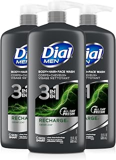 Dial Men 3-in-1 Recharge Body Hair Face Wash, 69 fl oz (3x23 oz Bottles) - Clean Rinse, No Residue, All-Day Fresh