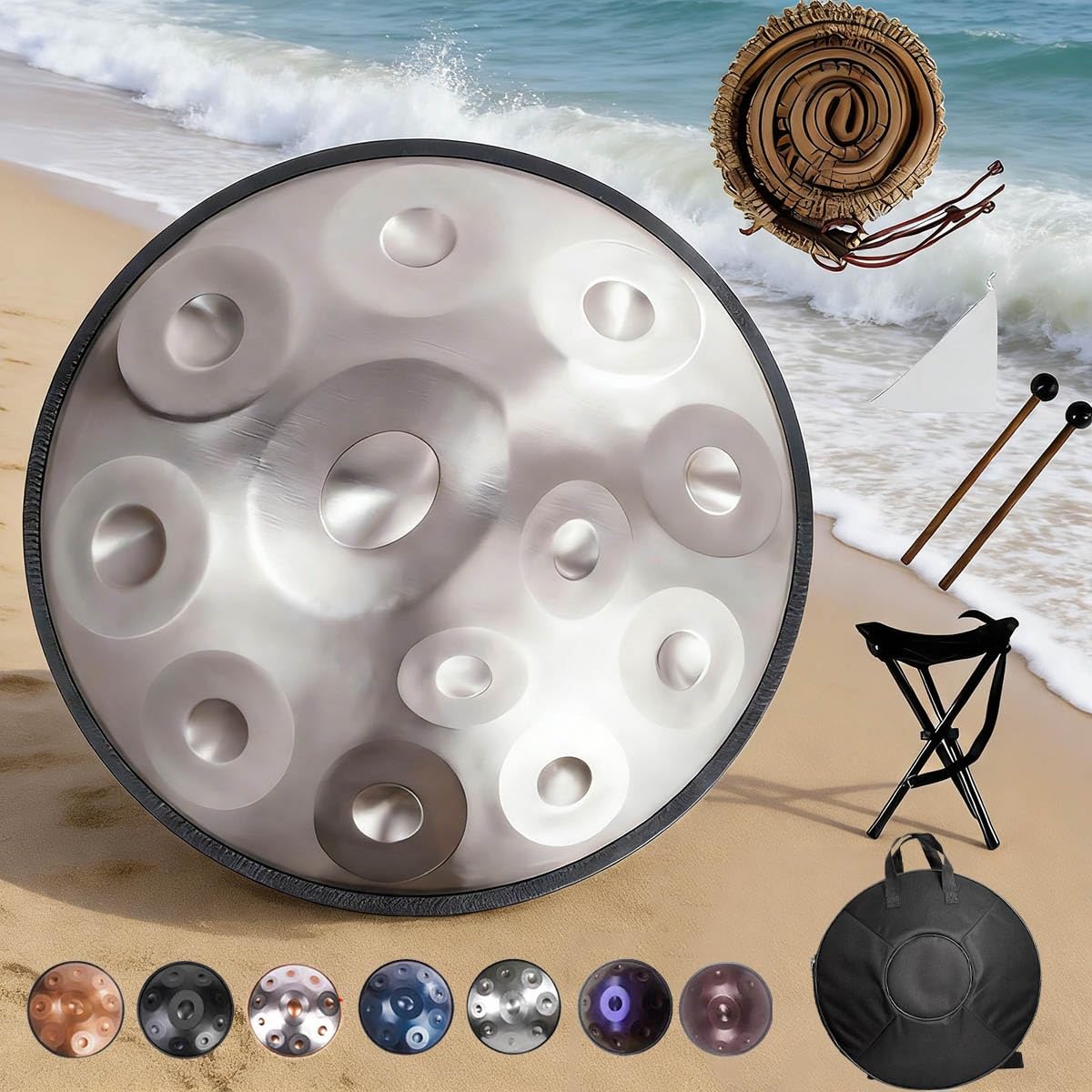 Handpan 432Hz/440Hz Strumento a Percussione 22 Pollici Re Minore 9/10/12 Note Tamburo in Acciaio con Borsa Morbida, Mazze, Handpan per Yoga e Guarigione Sonora(Gold-Silver,432HZ/10Note)