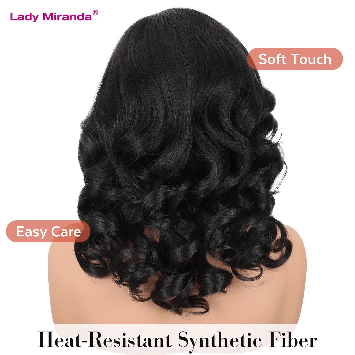 Lady Miranda Loose Wave Lace Part Wig Pure Color Nature Curly Synthetic Heat Resistant Weave Full Wigs for Women(Black)