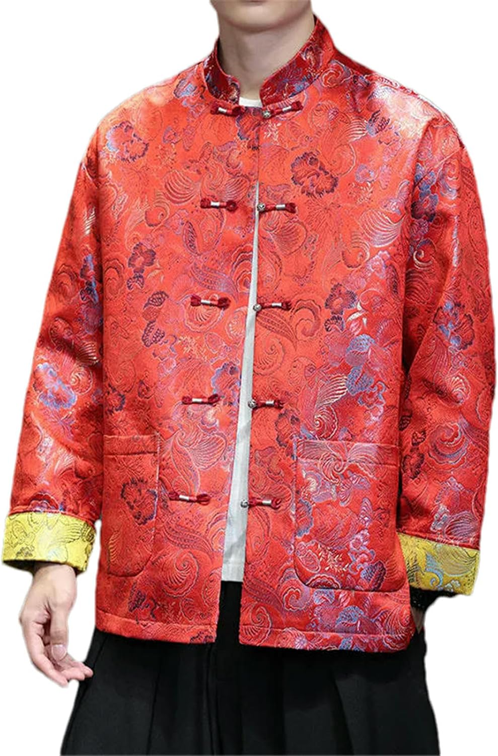 JXQXHCFS Men’s Chinese Tang Suit Jacket Jacquard Mandarin Collar Frog Button Traditional Kung Fu Coat Spring Autumn Shirt