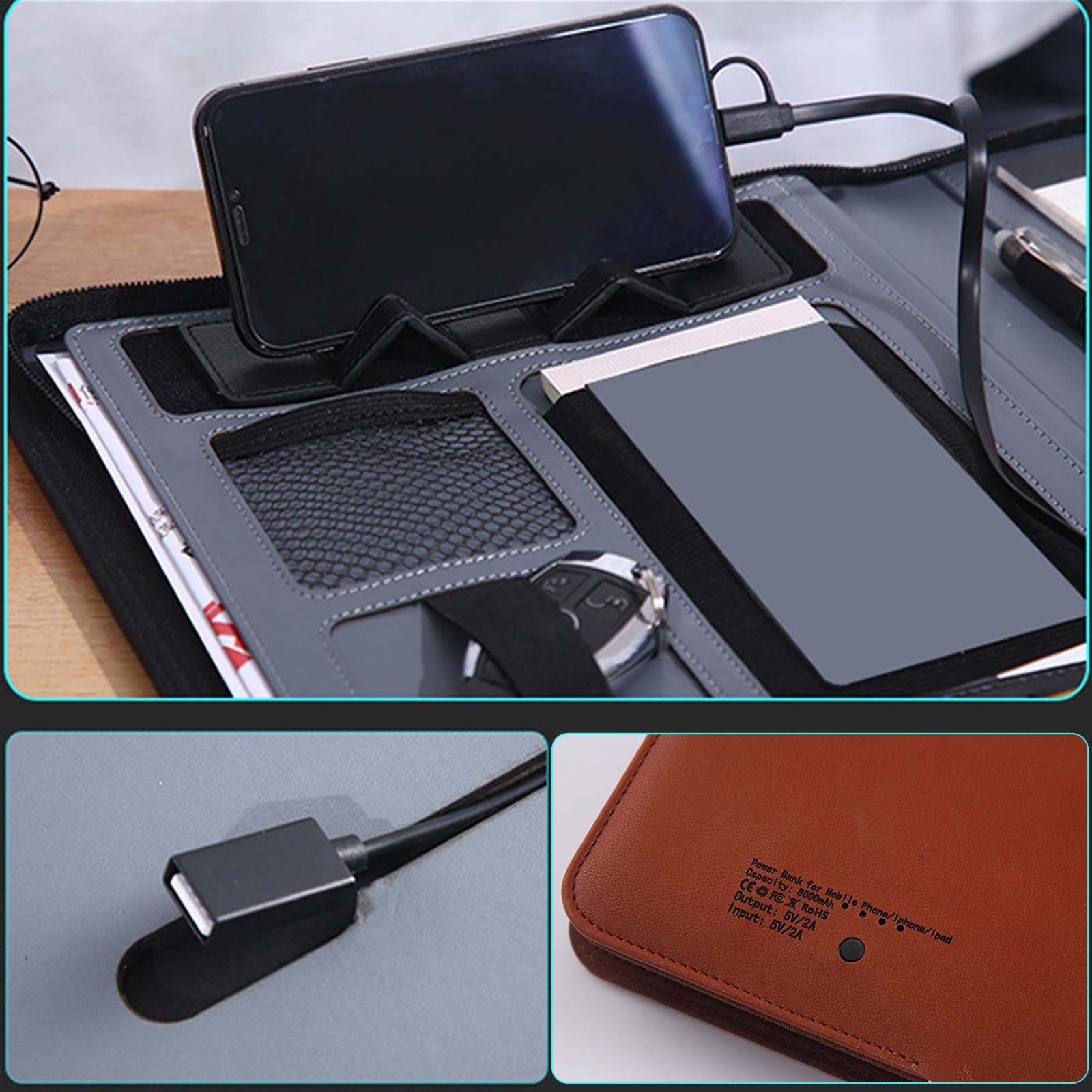 Cartella multifunzione A4 in pelle PU con caricatore, calcolatrice e organizer per notebook, per professionisti (argento)