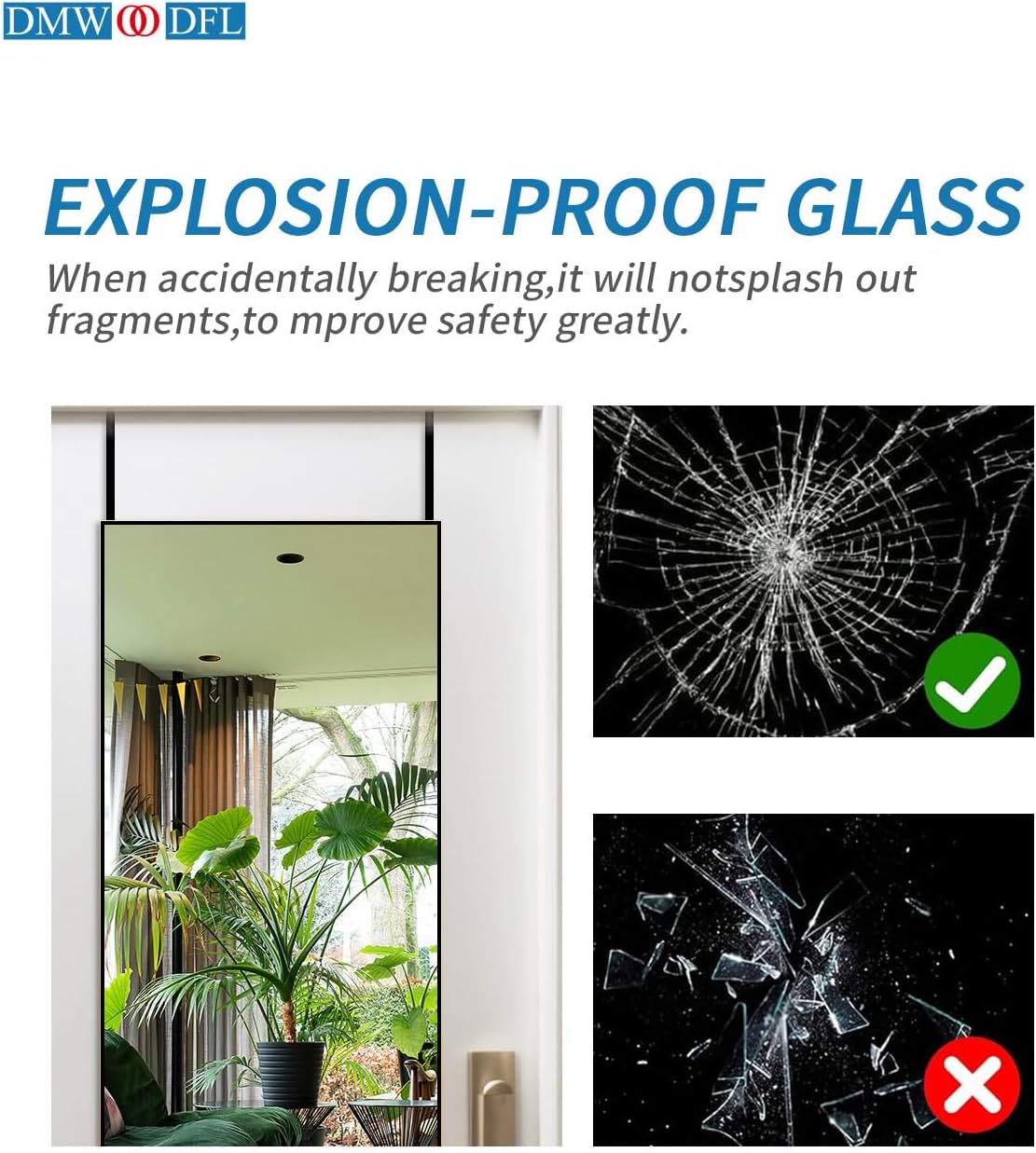 48x14 Over The Door Full Length Mirror - Wall Mounted or Hanging with 2 Metal Hooks, Space-Saving Black Mirror for Bedroom, Bathroom, Living Room Decor(white) ( Little damaged; see the picture)