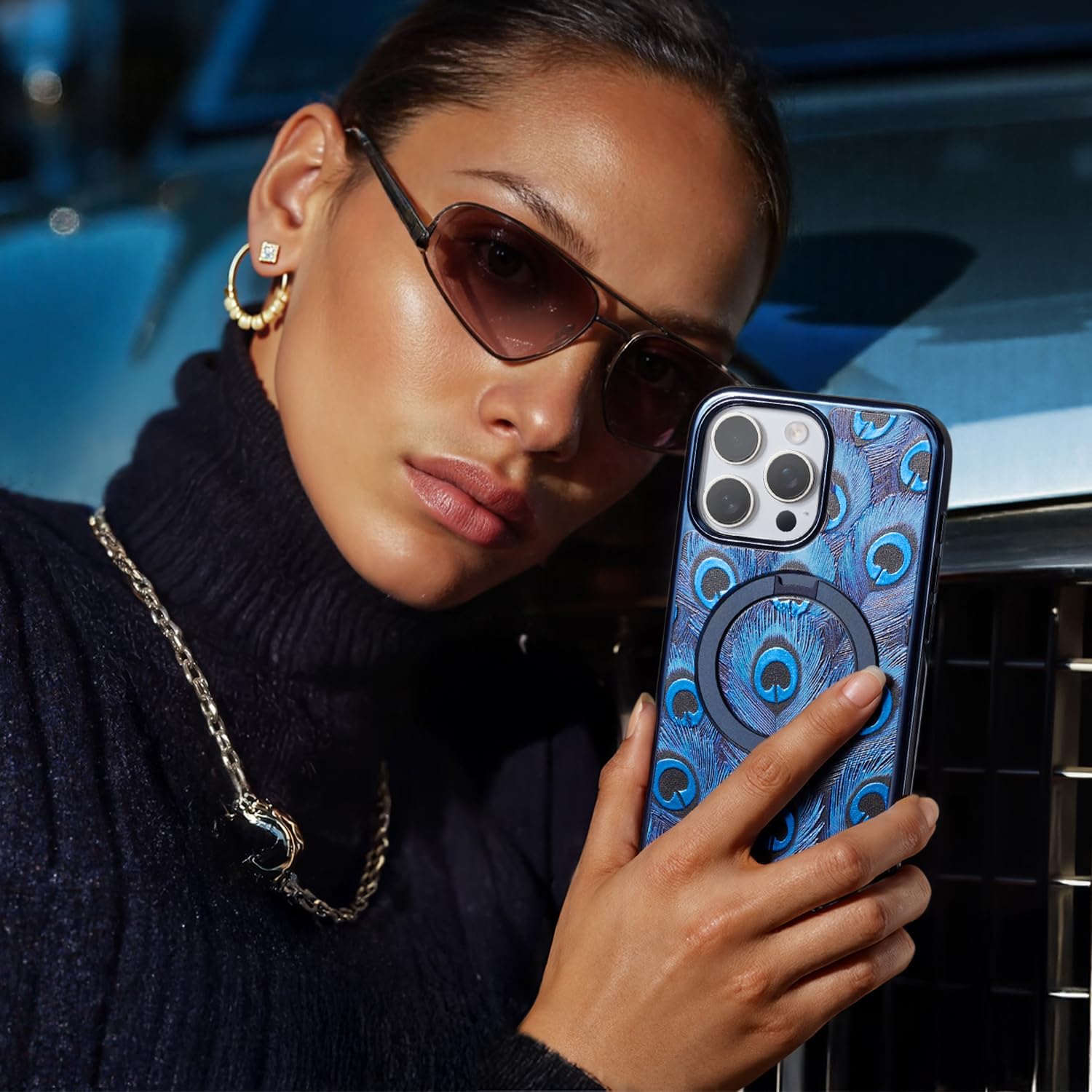 CASEKOO Blue Peacock for iPhone 16 Pro Case with 360° Spin Magnetic Stand [Compatible with MagSafe] [16FT Military Drop Protection] - Blue Peacock - Image 2