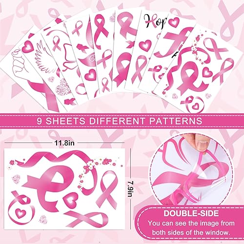 Miniatura 2 de Whaline 9 hojas de calcomanías para ventana de concientización sobre el cáncer de mama, cinta rosa, calcomanías decorativas de PVC para ventana,