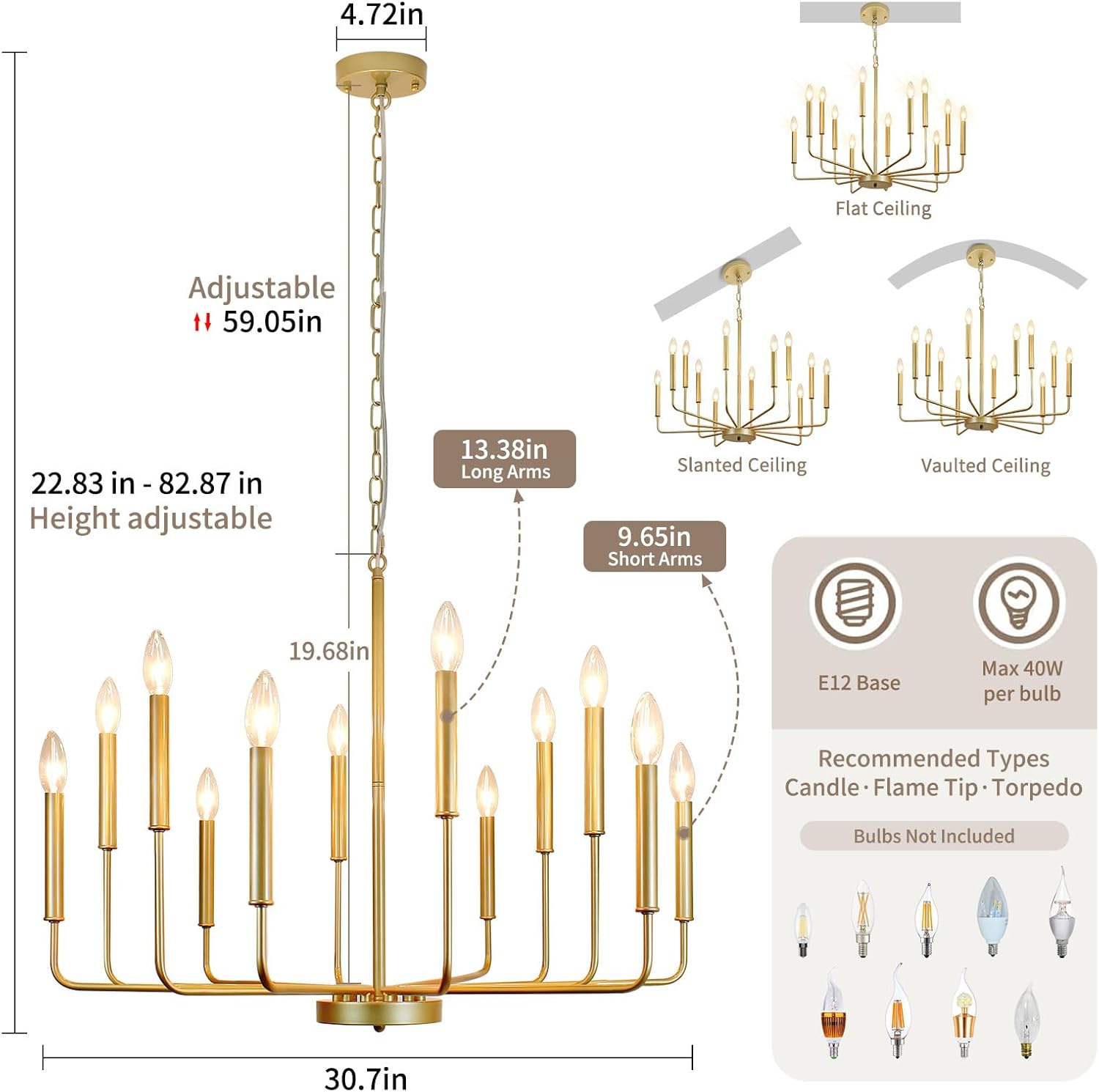 Gold Farmhouse Chandelier, Industrial Metal 12-Light Candle Chandeliers, Rustic Pendant Lighting for Kitchen Island, Dining Room, Living Room, Staircase
